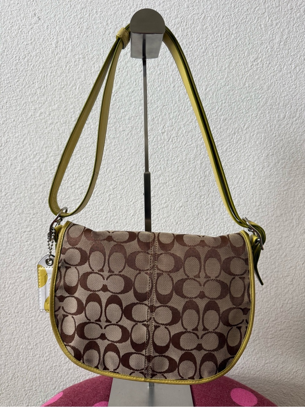 Vintage Coach Brown Signature Canvas Shoulder Bag with Yellow Trim
